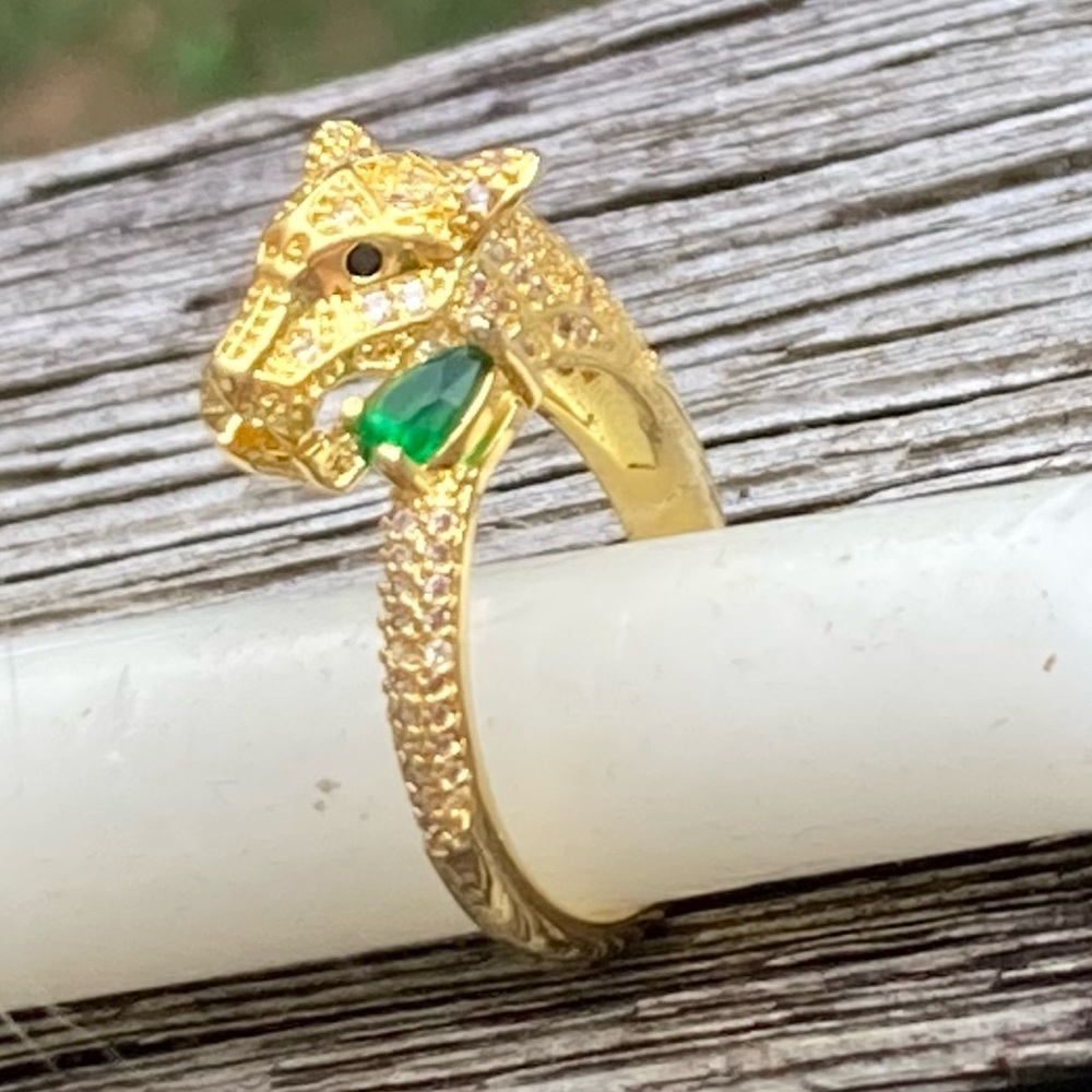 Leopard Head Emerald Lab Created Vermeil Gold Sterling Bypass Ring sz9 NEW!